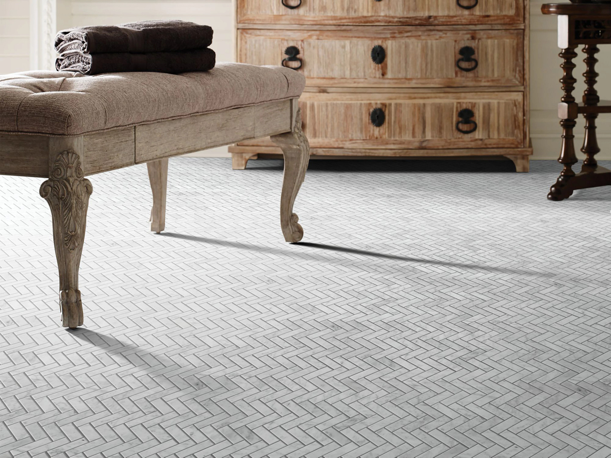 CHATEAU HERRINGBONE MOSAIC BIANCO CARRARA ROOM