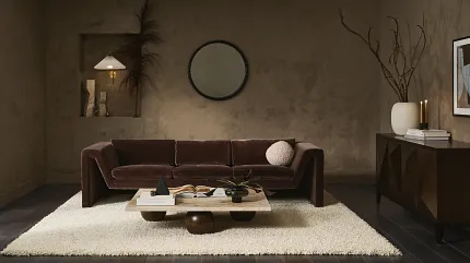 dramatic modern living room modern moody living room velvet couch and shaggy rug