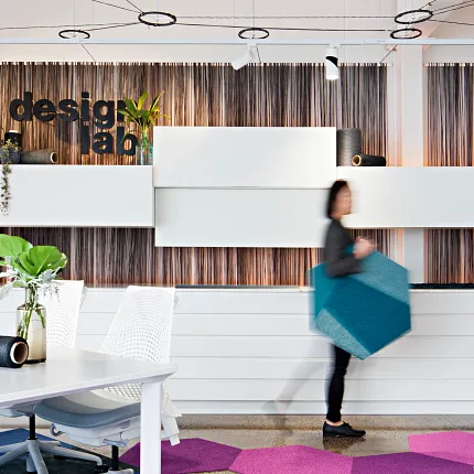 Vibrant carpet tiles for creative spaces Modern design lab with colorful geometric carpet tiles