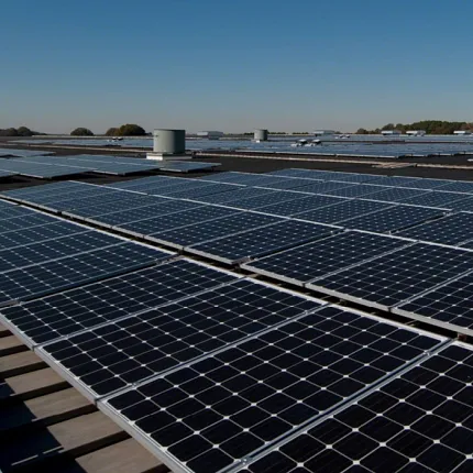 Rooftop solar panel installation under blue sky Solar panels on a rooftop under a clear blue sky