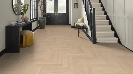 Light Hardwood Flooring in Contemporary Entryway with Black Staircase Modern entryway with light hardwood flooring and black staircase
