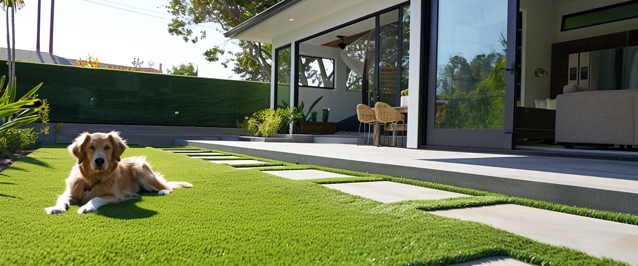 Outdoor patio with artificial grass and a dog