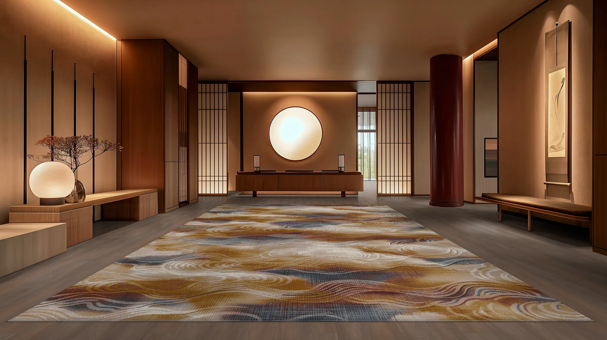 Modern lobby with abstract carpet design in warm tones