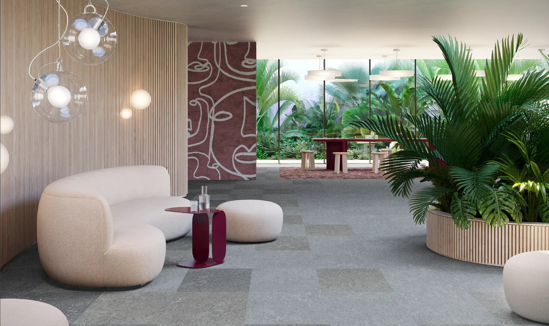 Modern lounge area with plush seating and large potted plants on commercial carpet tile flooring