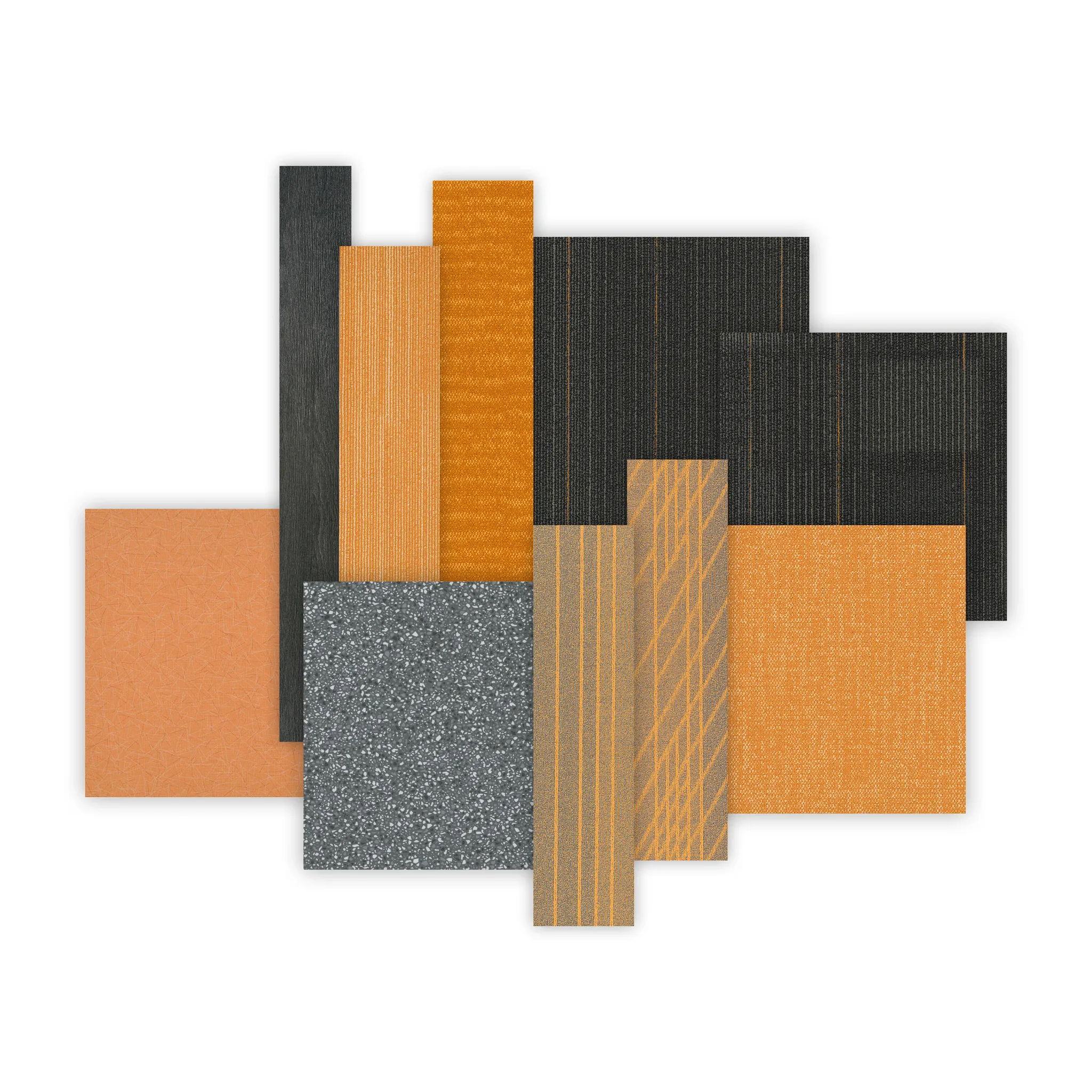 Swatch of commercial carpet tiles in shades of orange, black, and gray with various textures and patterns