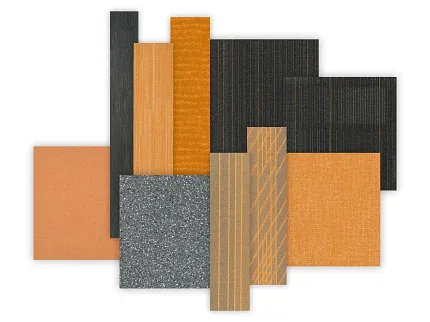 Commercial Carpet Tile Swatch in Orange, Black, and Gray Swatch of commercial carpet tiles in shades of orange, black, and gray with various textures and patterns