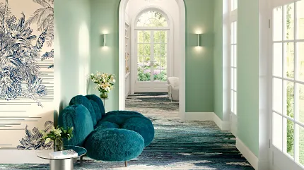 Stylish hallway with commercial carpet tile and contemporary decor in a hospitality setting AXN81292