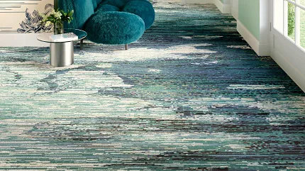 Stylish hallway with commercial carpet tile and contemporary decor in a hospitality setting AXN81292