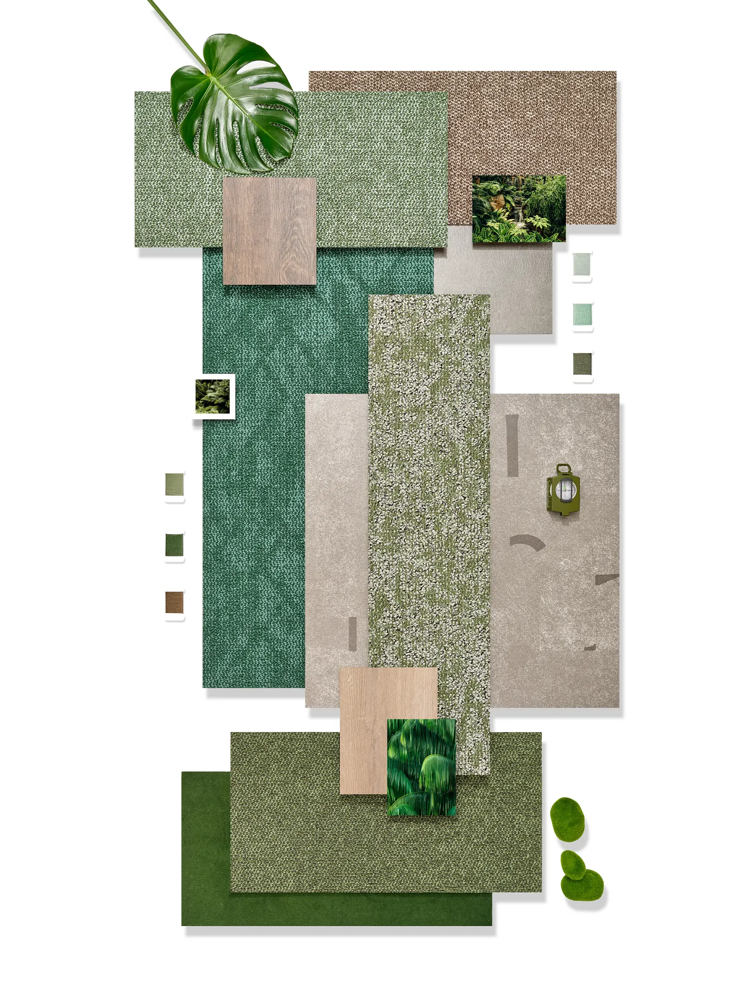 Carpet tile samples in green, beige, and brown colors