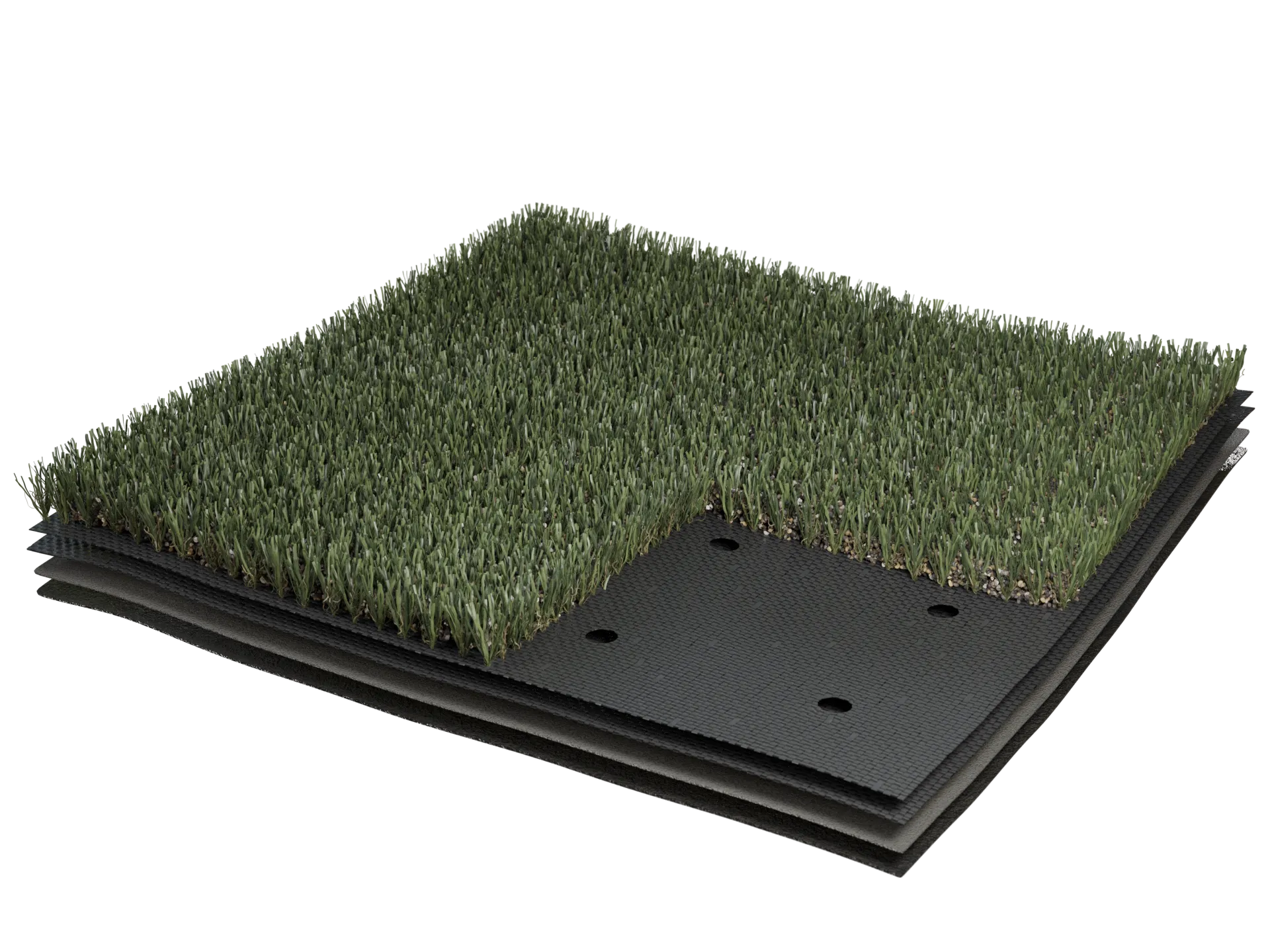 Artificial grass flooring sample with layered construction