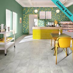 bright and airy snack bar with pops of green and yellow and COREtec tile look vinyl
