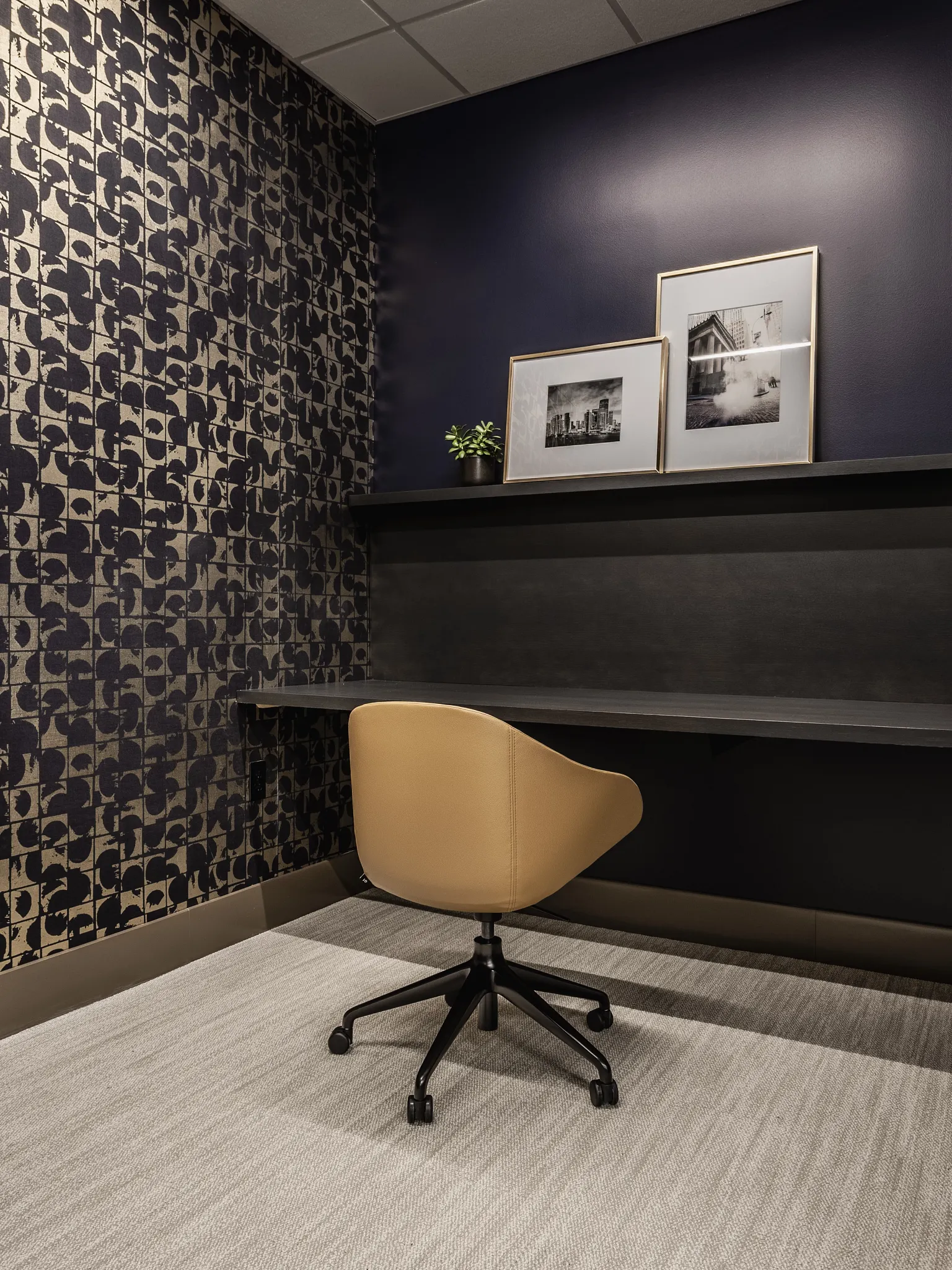 Modern office with beige carpet tile flooring and stylish decor