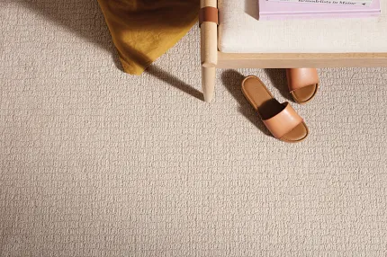 Beige Textured Carpet Flooring for Comfortable Home Living Cozy beige carpet flooring with a textured pattern, featuring a wooden chair and tan sandals for a warm, inviting home atmosphere