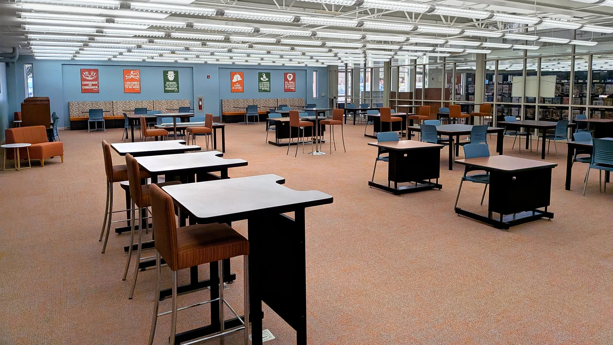 public library with orange carpet tile