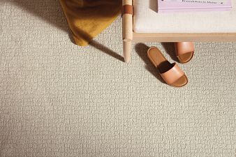 Carpeted floor with a fashionable bench and sandals