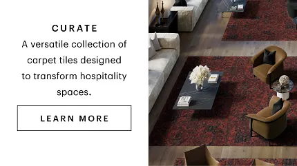 Curate Collection - Transforming Hospitality Spaces with Carpet Tiles Hospitality space with luxurious red and black carpet tiles, modern seating, and elegant decor