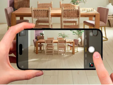Wood Look Luxury Vinyl Plank Flooring in Modern Dining Room Scene Modern dining room with wood look luxury vinyl plank flooring and smartphone capturing the scene