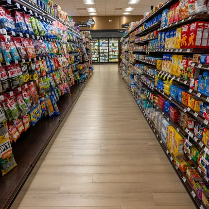 Durable Rigid Mineral Core flooring 47.55x5.66 inch for commercial spaces Rigid Core flooring in a grocery aisle with snacks and cereals