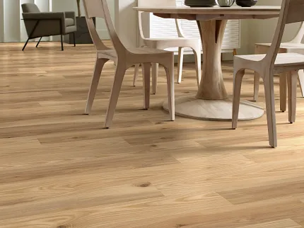 Light Wood SPC Flooring in Modern Dining Room - 48x7.13 inch Modern dining room with light wood SPC flooring, featuring a round wooden table and chairs, and a contemporary chandelier