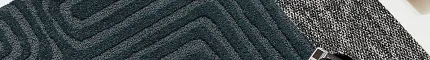 Modern carpet design palette with geometric patterns in black, white, and dark teal Design palette featuring carpet swatches in black, white, and dark teal with geometric patterns