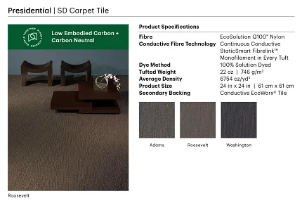 Presidential SD Carpet Tile - Roosevelt Color, EcoSolution Q100 Nylon, 24x24 inch, Carbon Neutral Presidential SD Carpet Tile in Roosevelt color with EcoSolution Q100 Nylon, 24x24 inch size, featuring low embodied carbon and carbon neutral properties