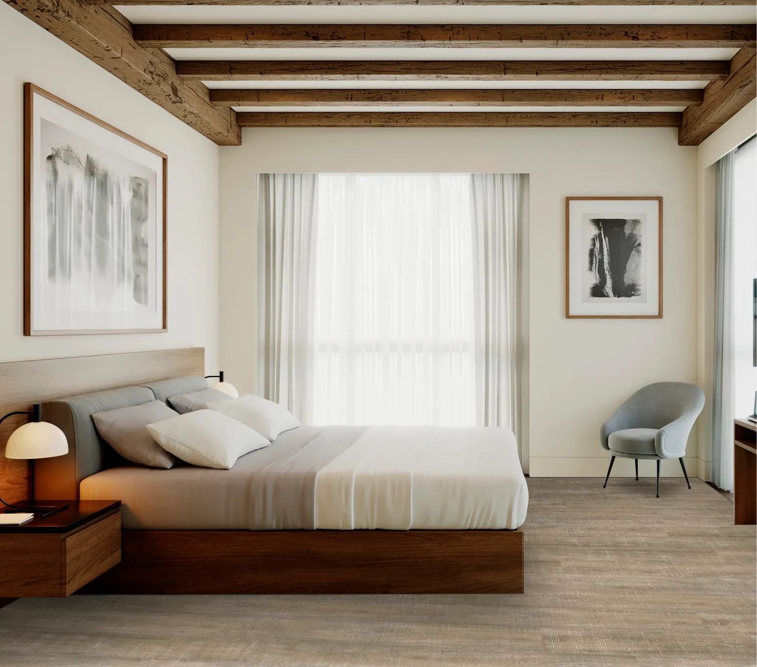 Habitación de hotel moderna con vigas de madera, decoración en tonos neutros y piso de madera clara