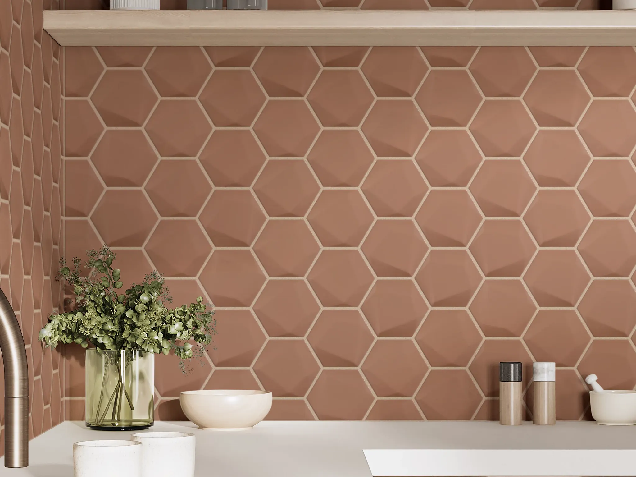 Sink with backsplase Muse 3D Hex Terracotta Style No: TG67J