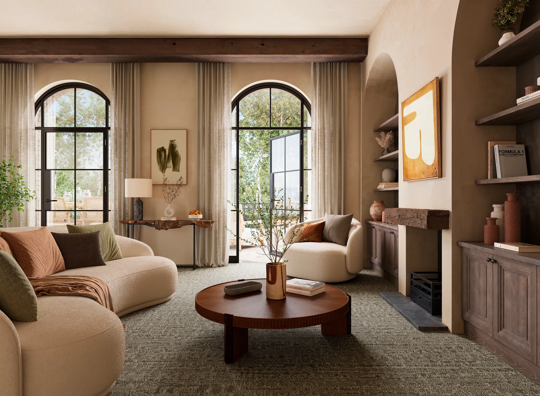 Blue and beige checkered carpet with light hardwood flooring and brown shoes