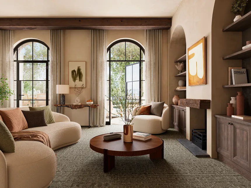 Blue Checkered Carpet and Light Hardwood Flooring Scene Blue and beige checkered carpet with light hardwood flooring and brown shoes