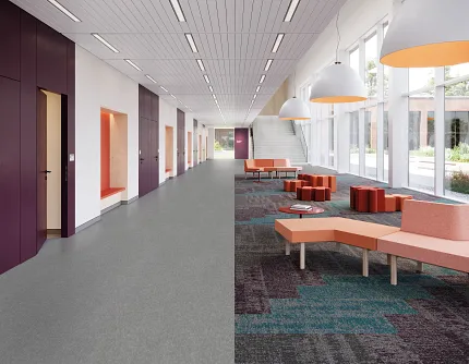 Education Facility Hallway with Commercial Carpet Tile Flooring and Modern Seating Design