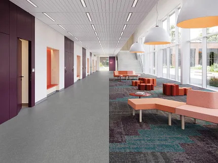 Education Facility Hallway with Commercial Carpet Tile Flooring and Modern Seating Design Curiosity in Interact + Assimilate and Discussion in Interact + Assimilate and Mindset in Dynamic