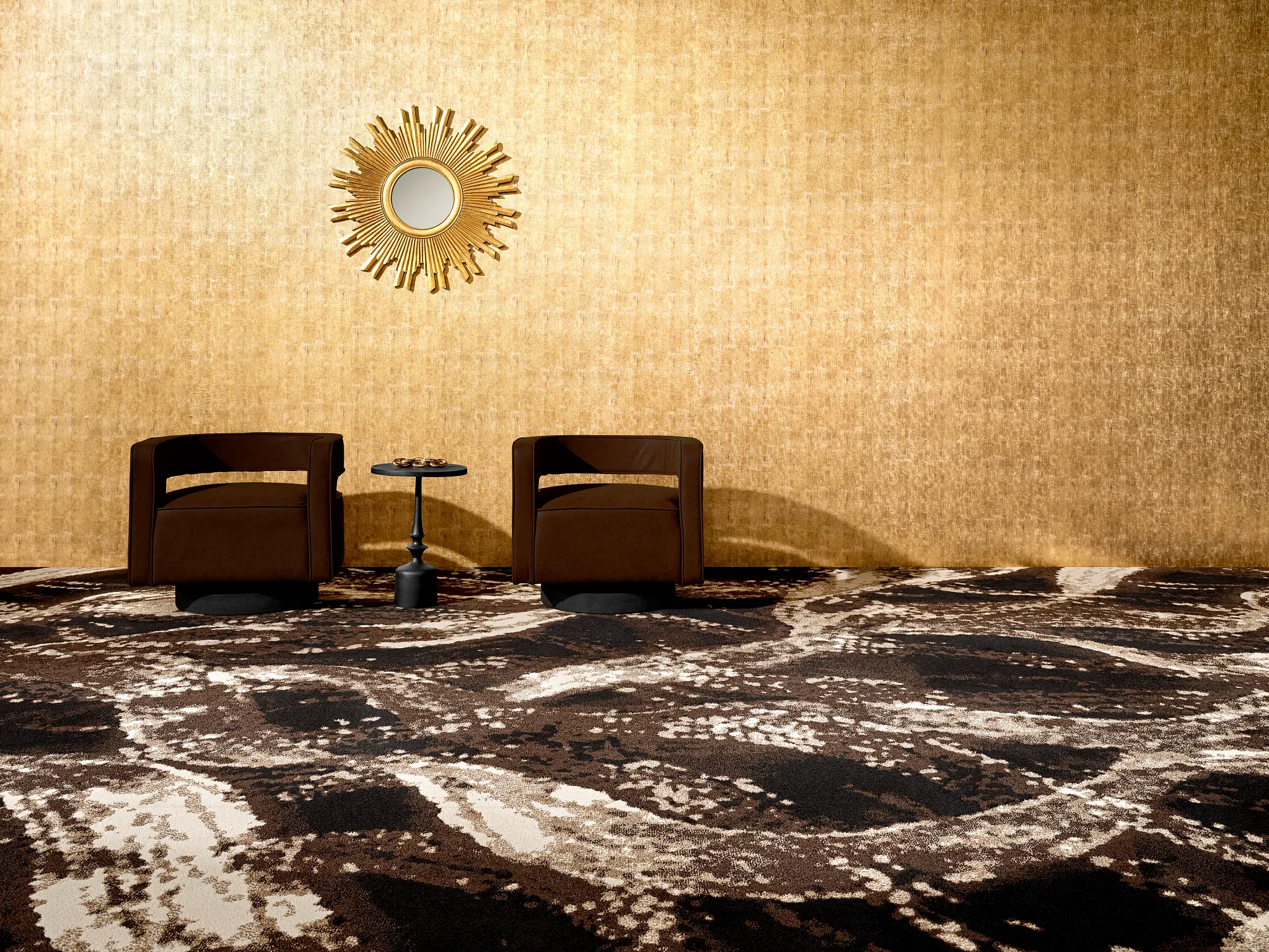 Modern living room with abstract patterned carpet and brown chairs