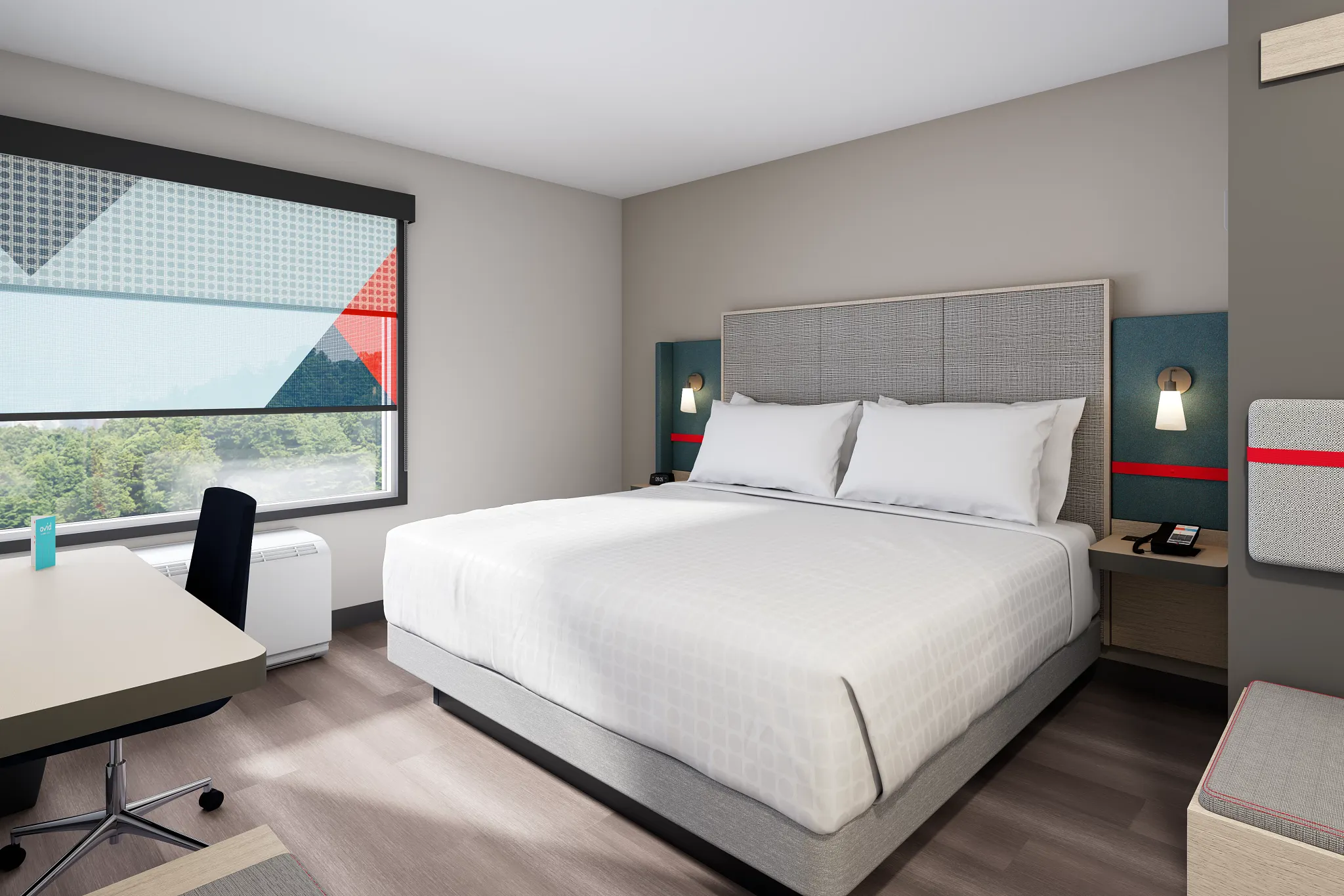 Quarto de hotel contemporâneo com piso vinílico comercial de luxo, cama king-size, área de trabalho e poltrona.