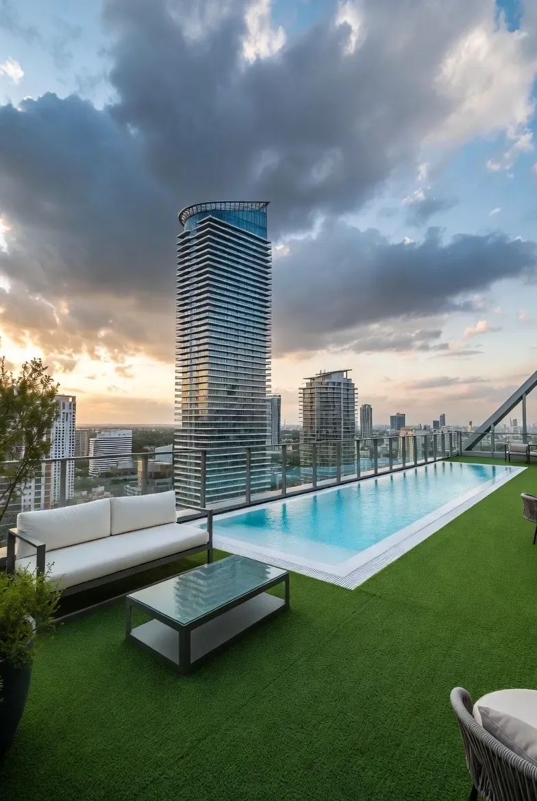 Rooftop pool area with artificial grass and city skyline