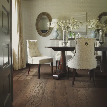 Sophisticated oak flooring for stylish interiors Dark oak hardwood flooring in an elegant dining room