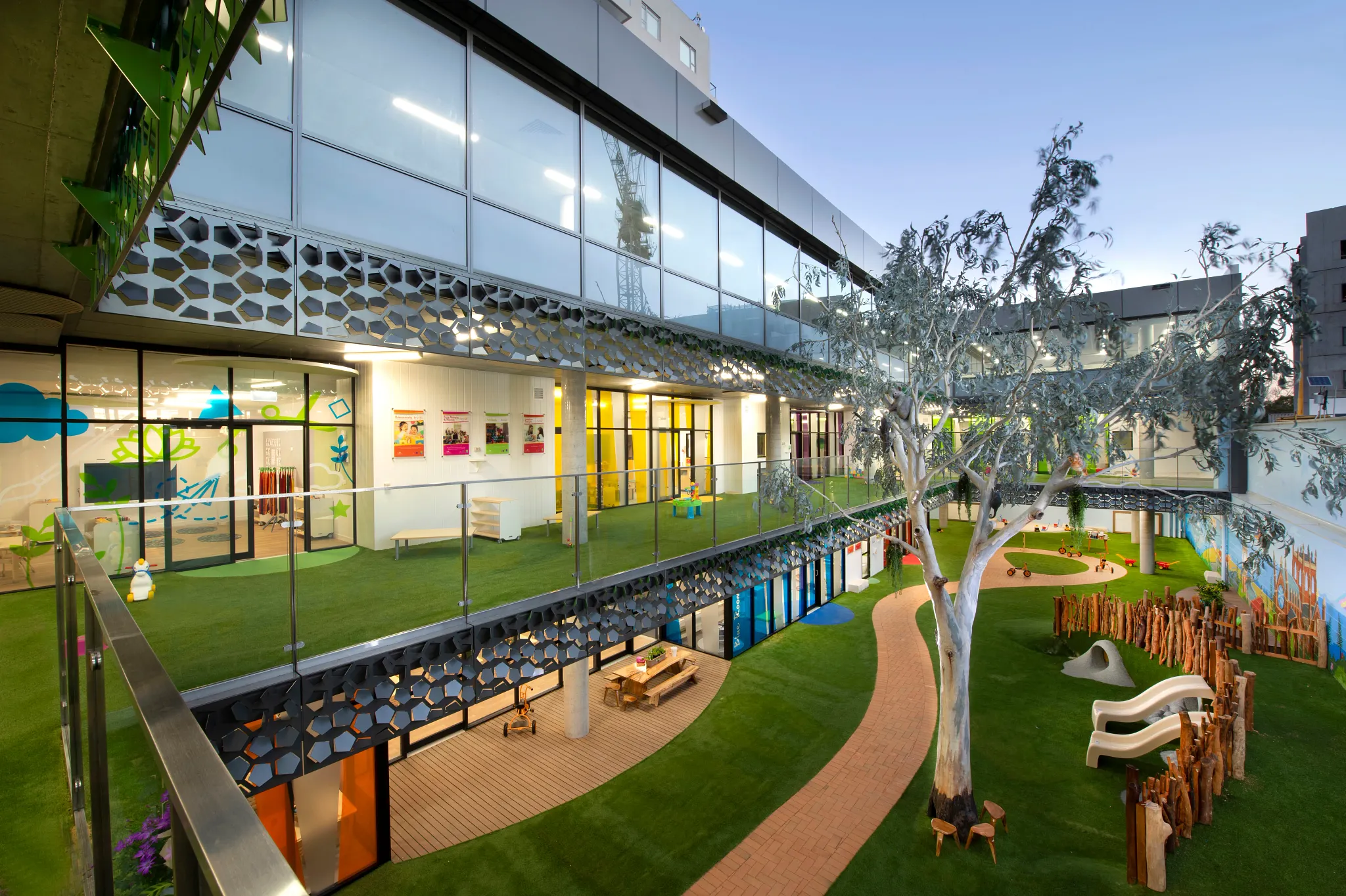 Modern education facility with outdoor play area