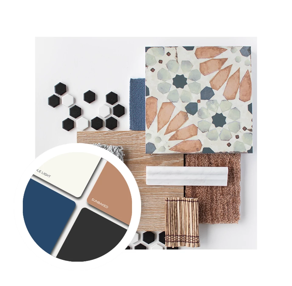 Mediterranean product lay with color swatches and trendy materials