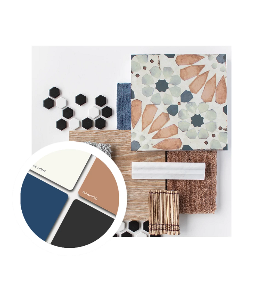 Mediterranean product lay with color swatches and trendy materials