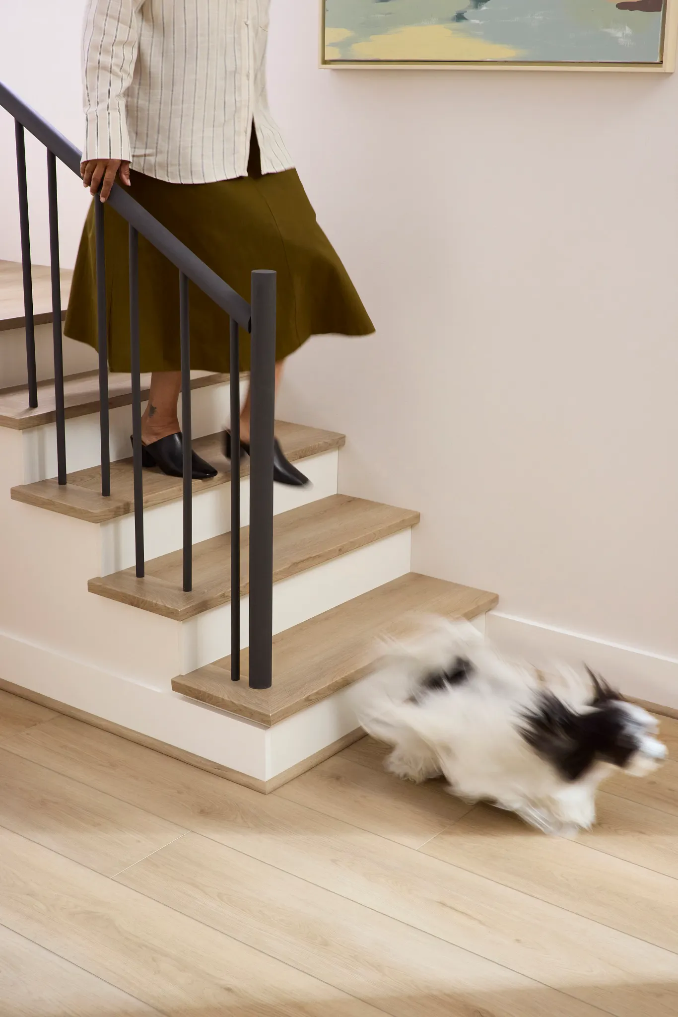 Woman descending stairs with a dog on light wood look luxury vinyl plank flooring