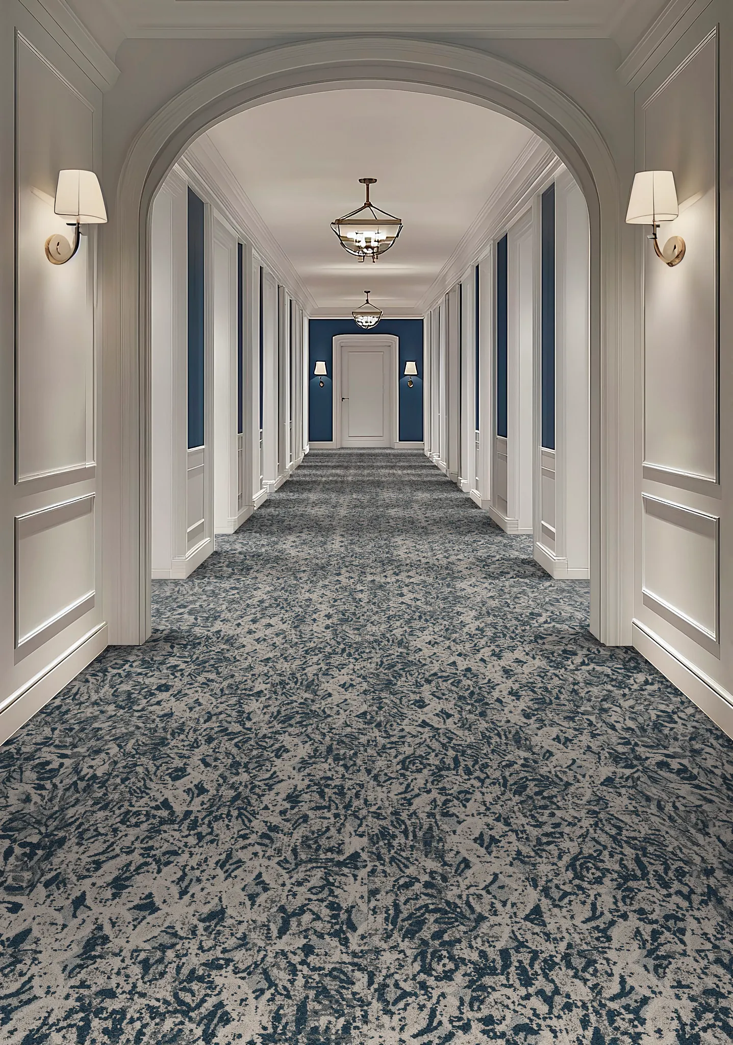 Blue and gray patterned carpet in elegant hallway
