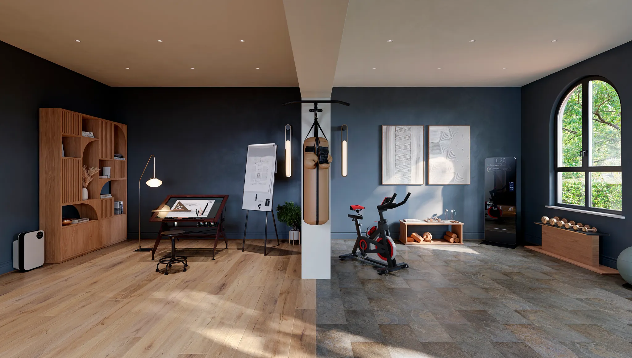 large modern living room with fireplace, wood stacked on shelves, couch and large console with morror and large window, sun-filled room with light oak wood look vinyl flooring.