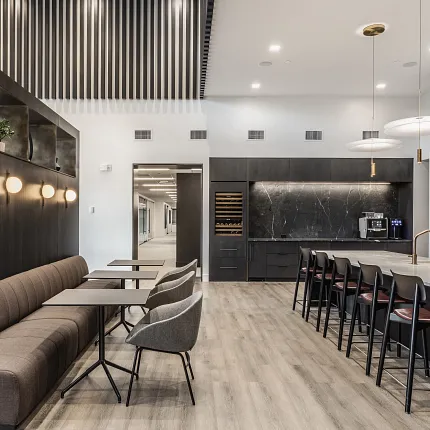 Stylish rigid mineral core flooring for contemporary spaces Rigid core flooring in a modern kitchen and dining area