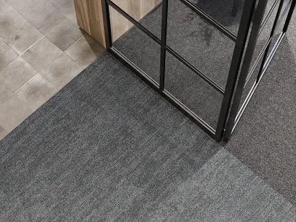 Grey Commercial Carpet Tile in Modern Office Space Swift in Traverse and Cut in Mushroom and Welcome II in Back Chocolate