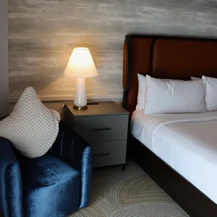 Stylish carpet design for contemporary hospitality spaces Modern bedroom with textured carpet and elegant furnishings