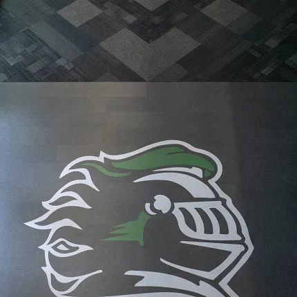 Durable LVT flooring with personalized logo for educational spaces Heavy commercial luxury vinyl tile with custom logo design in an education facility