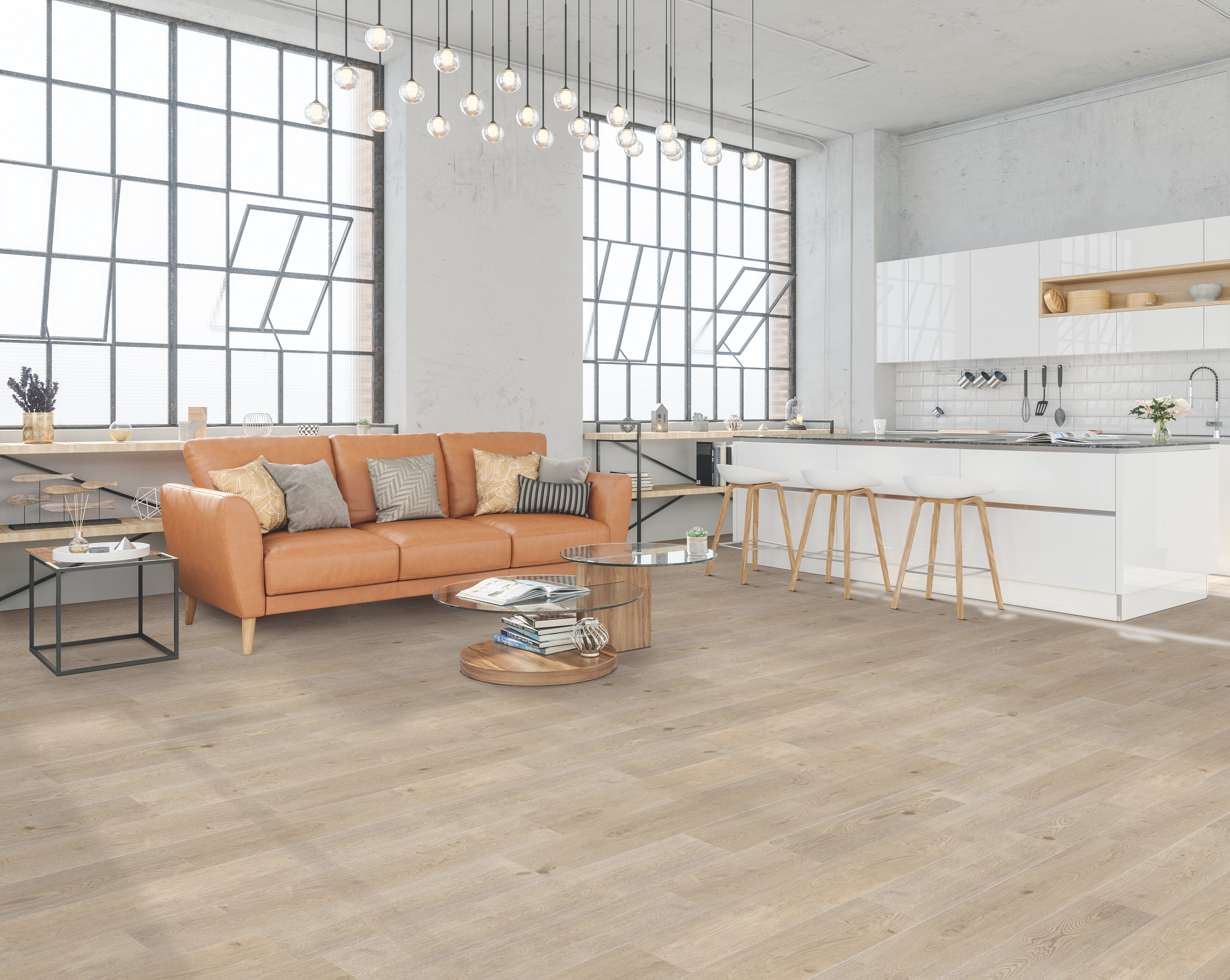 Living room with midtone flooring and a leather couch