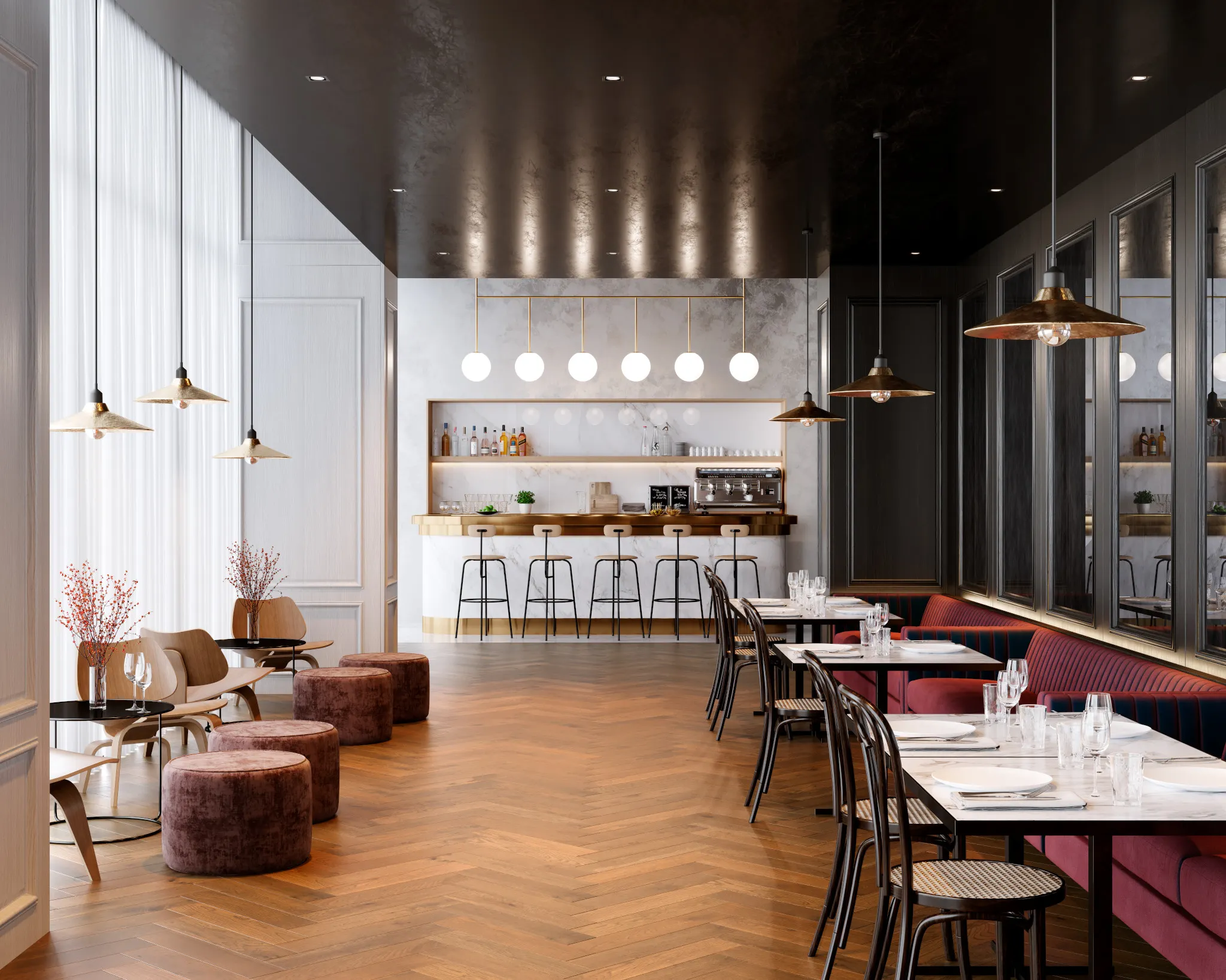 Modern restaurant interior with engineered ply-core flooring in a herringbone pattern, featuring elegant dining tables and a stylish bar area.