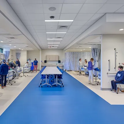 Durable sheet flooring for healthcare environments Hospital room with commercial homogeneous sheet flooring