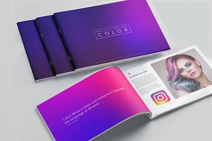 Gradient Purple and Pink Brochure Design on Light Surface Opened and closed brochures with a gradient purple and pink cover on a light surface