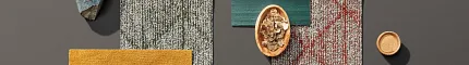 Diverse flooring swatch collection with multiple colors and textures Assorted flooring swatches including green, yellow, and red patterns with various textures and materials